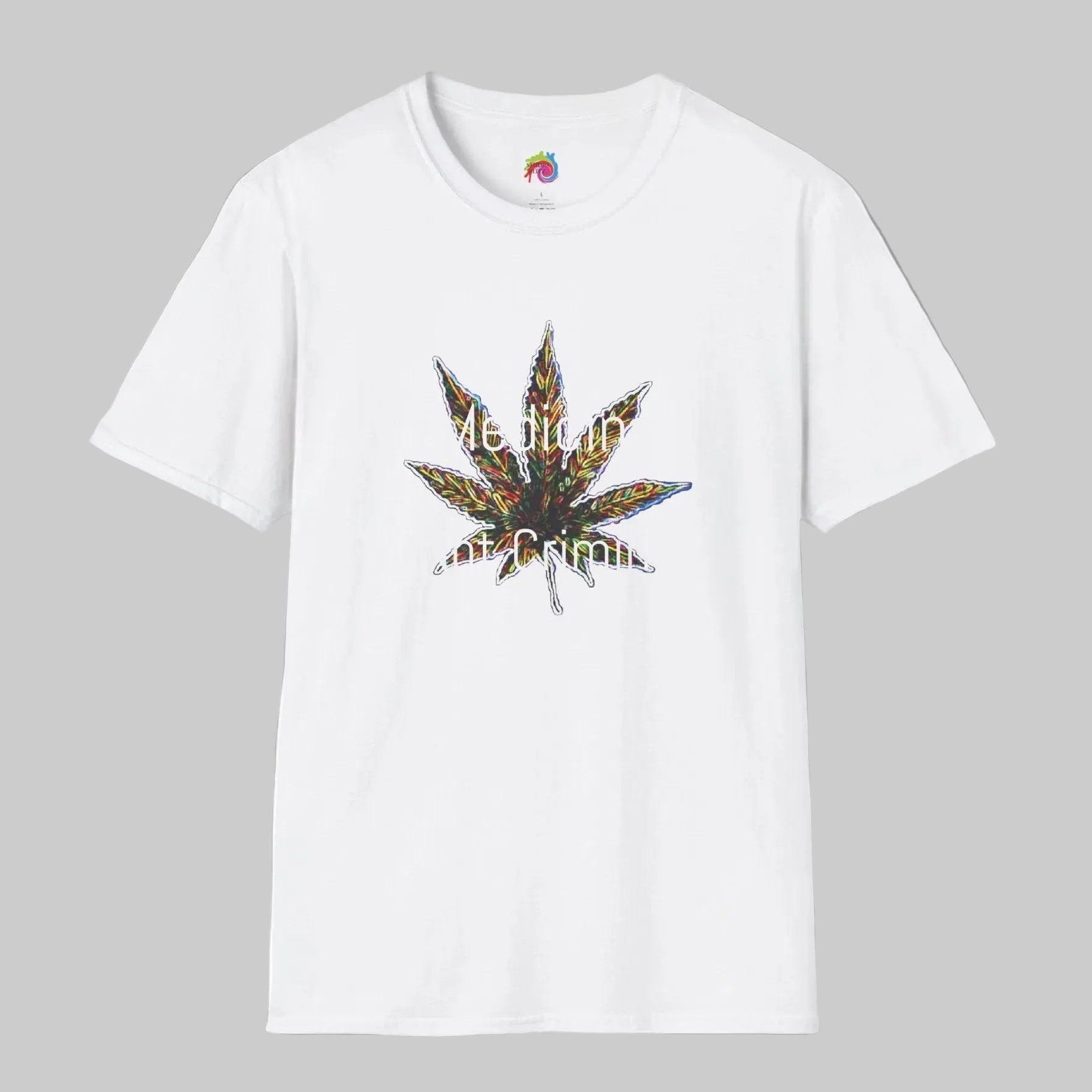 A white short-sleeve crewneck t-shirt featuring a central graphic of a cannabis leaf filled with a multicolor pattern XS-5XL in 4 colors