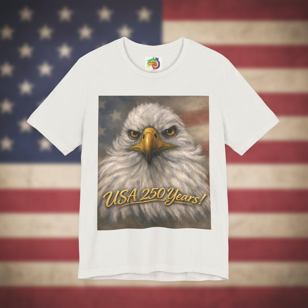 White t-shirt with an eagle graphic and 'USA 250 Years!' text