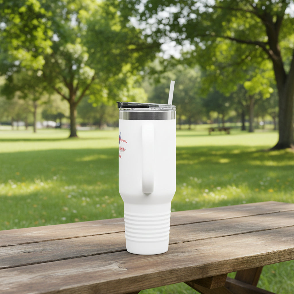 White tumbler in stainless steel with a straw and a leak proof lid 40oz