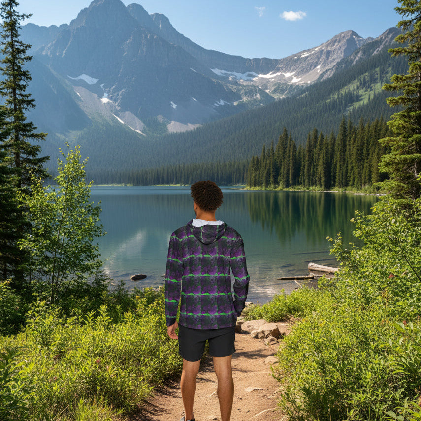 Person wearing a purple and green checkered hoodie by a lake