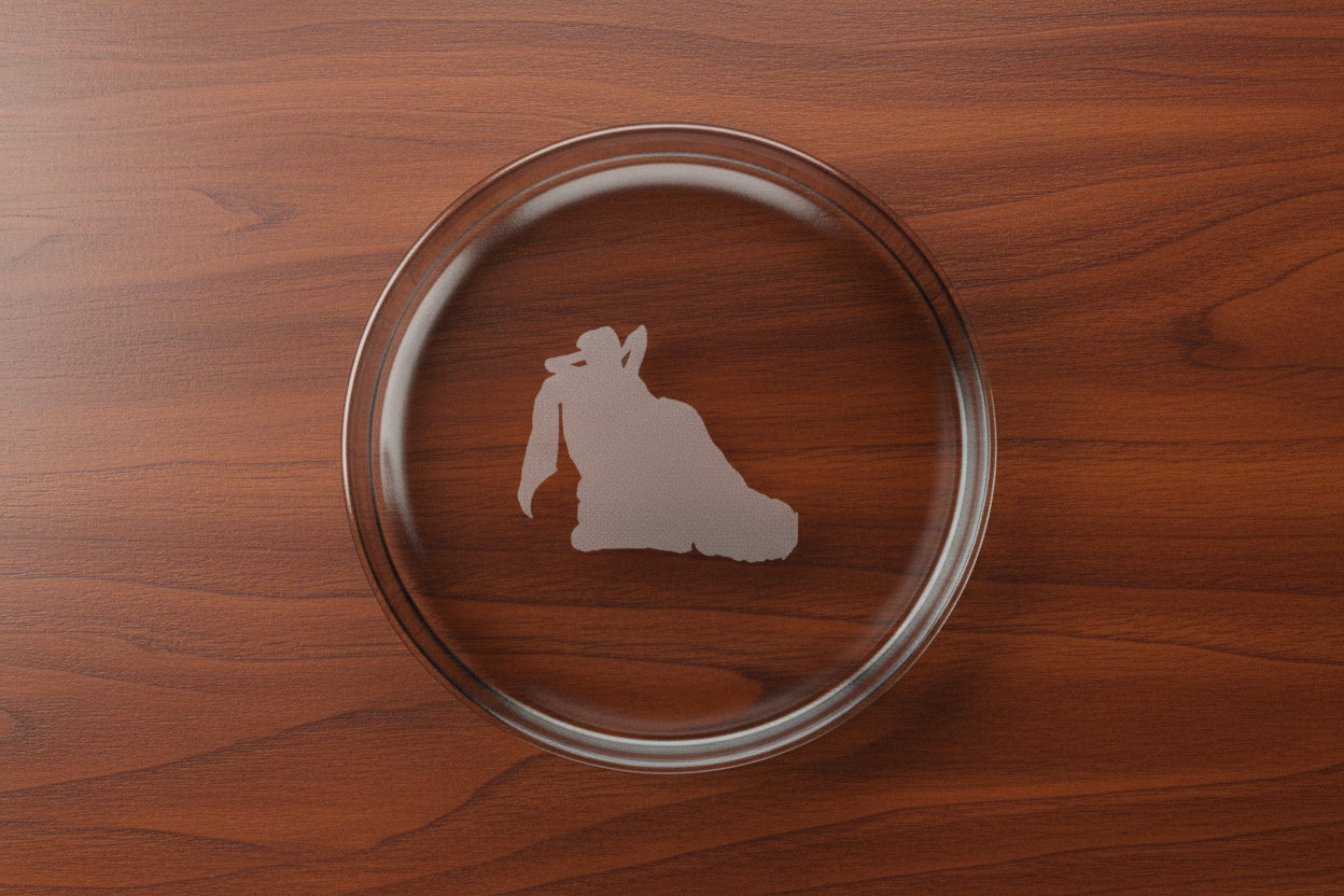 Clear engraved whiskey glass heavy bottom view of a Deco Diva lying on a plush lounge chair