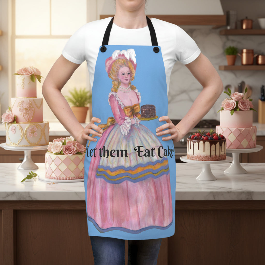 Person wearing a colorful apron with a design and text 'Let them Eat Cake' on a blue background
