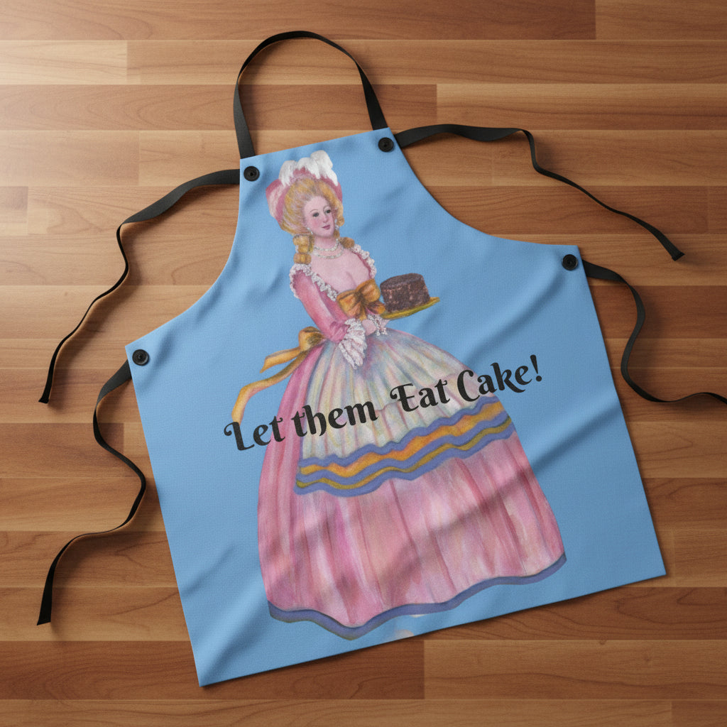 Apron with a vintage-style illustration of a woman in a pink dress and text 'Let them Eat Cake!' on a blue background.