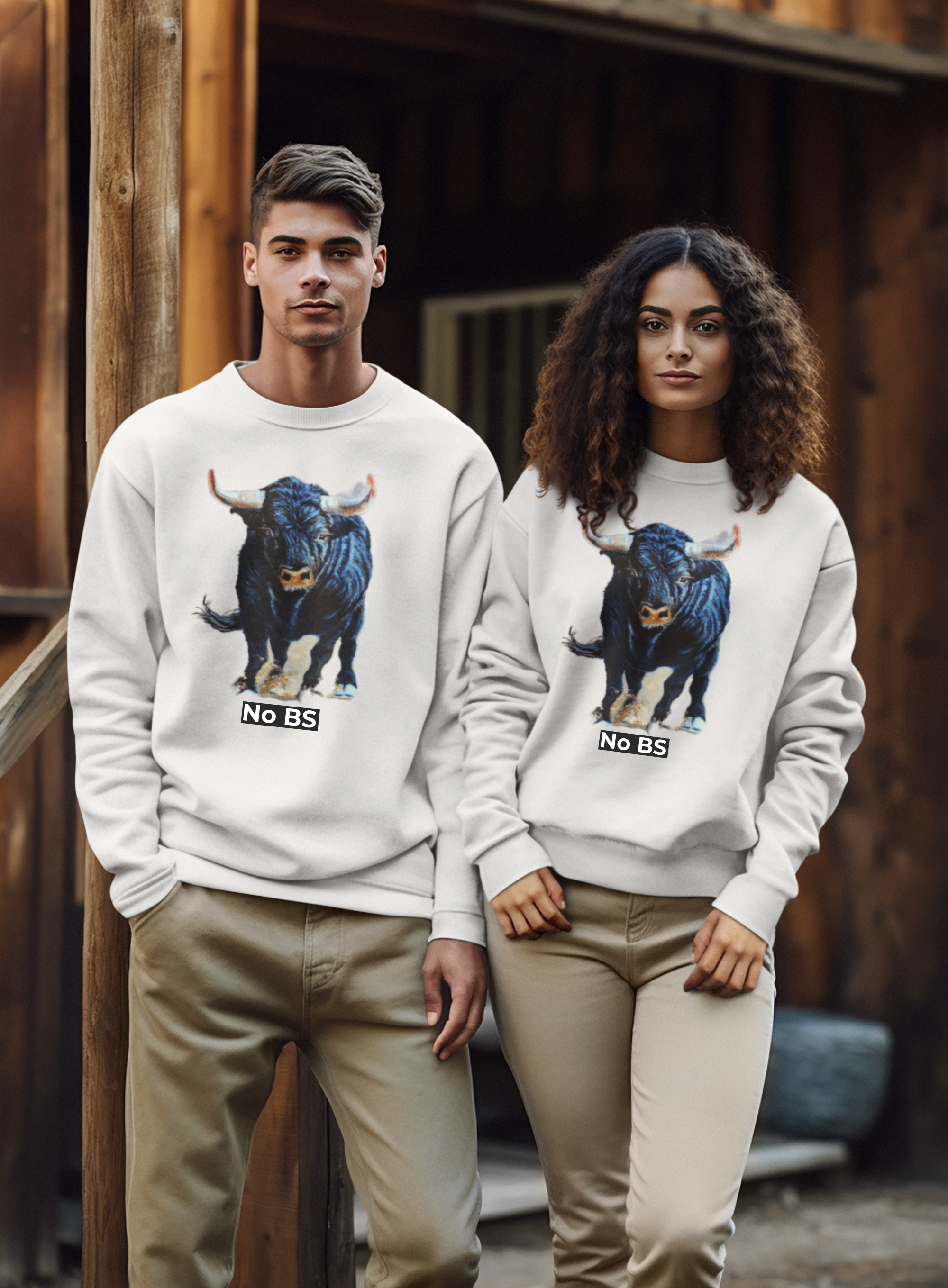Couple wearing Bullish sweatshirts with a charging bull graphic and 'No BS' text in front of a wooden building.