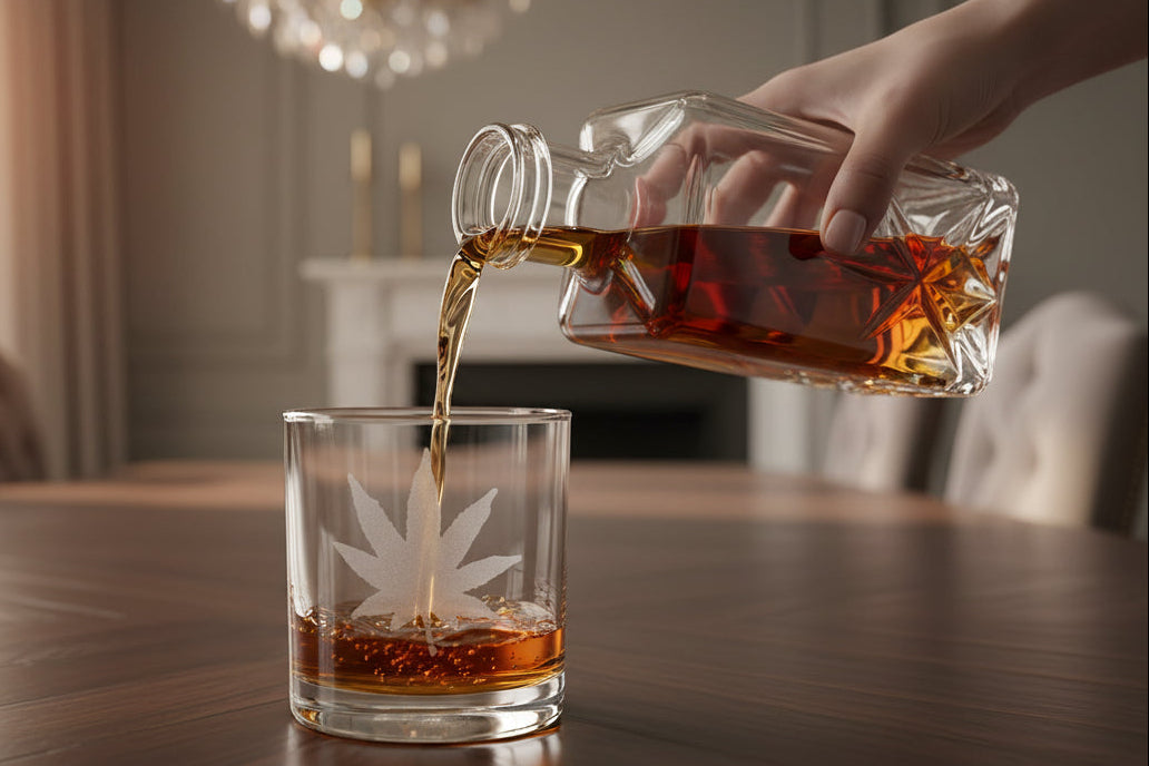 10.5 oz. Whiskey Glass engraved with a cannabis leaves design