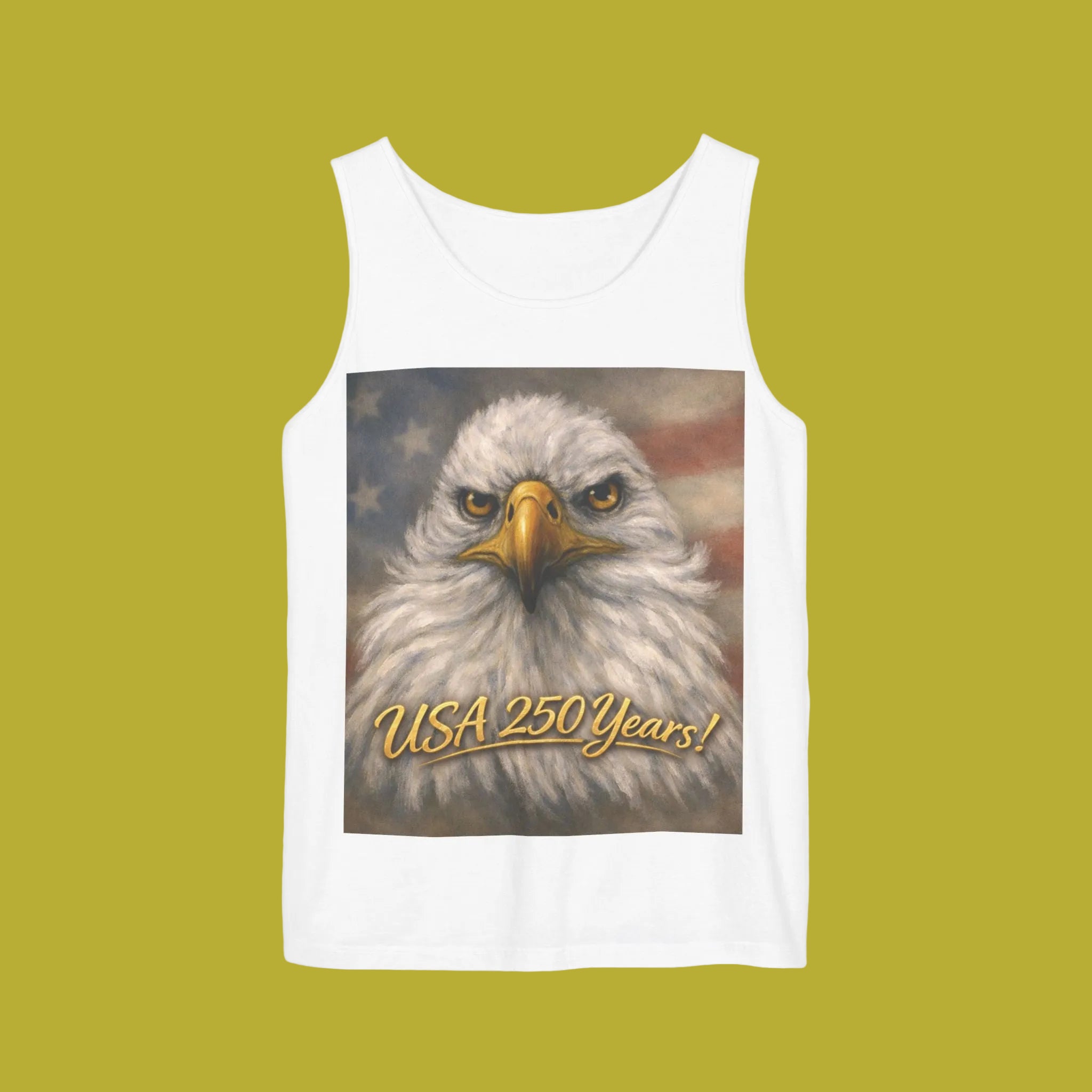 White tank top with an eagle painting and 'USA 250 Years!' Unisex