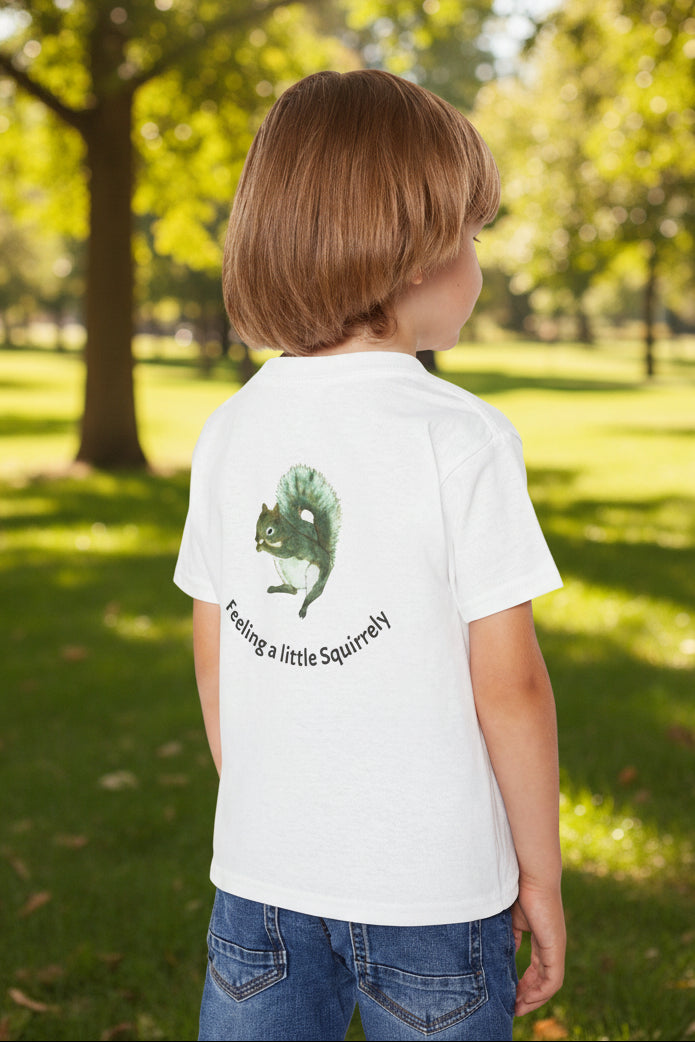 Child's white short-sleeve T-shirt shown from the back. The shirt features a squirrel graphic with the text 'Feeling a little Squirrely'