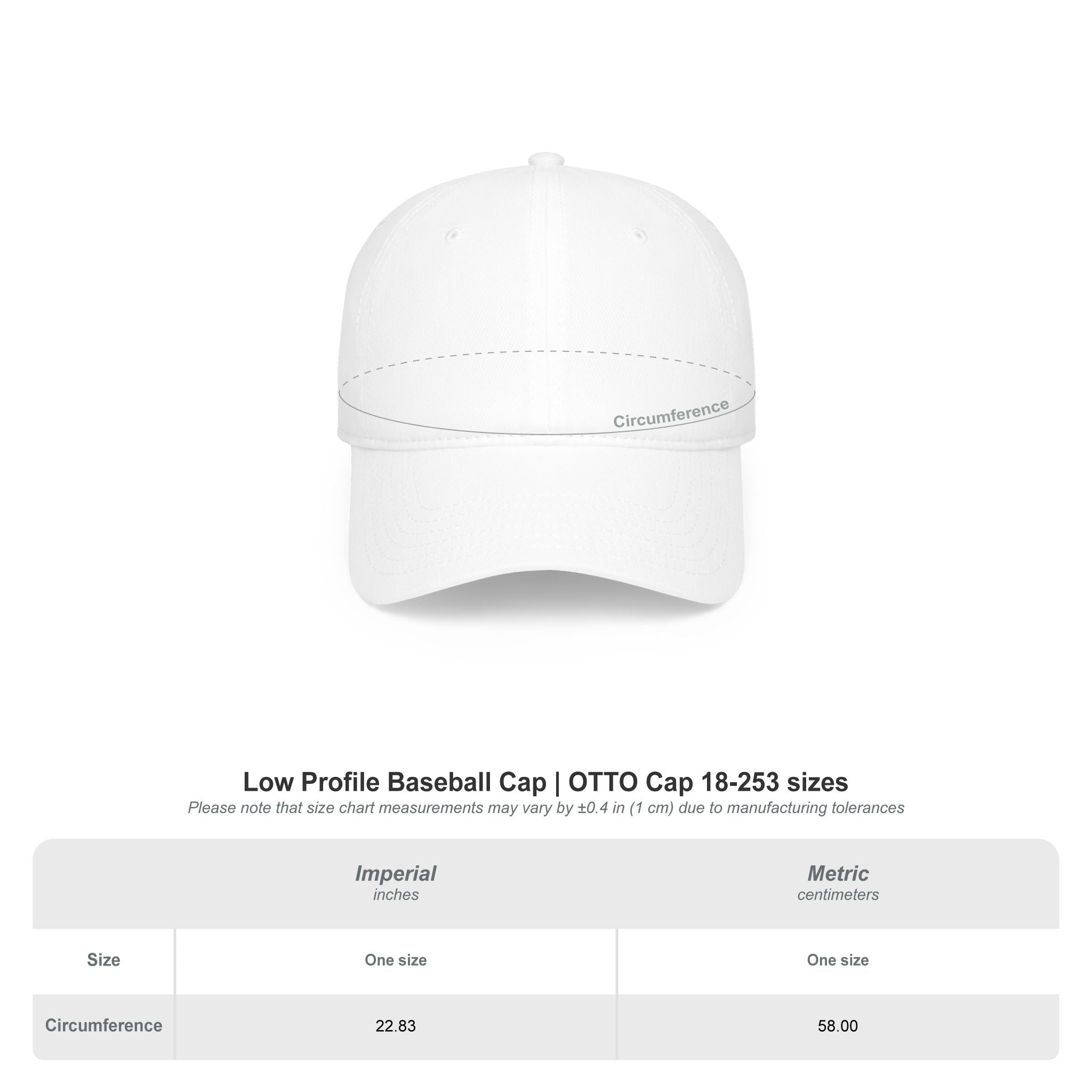 White baseball cap with size chart below