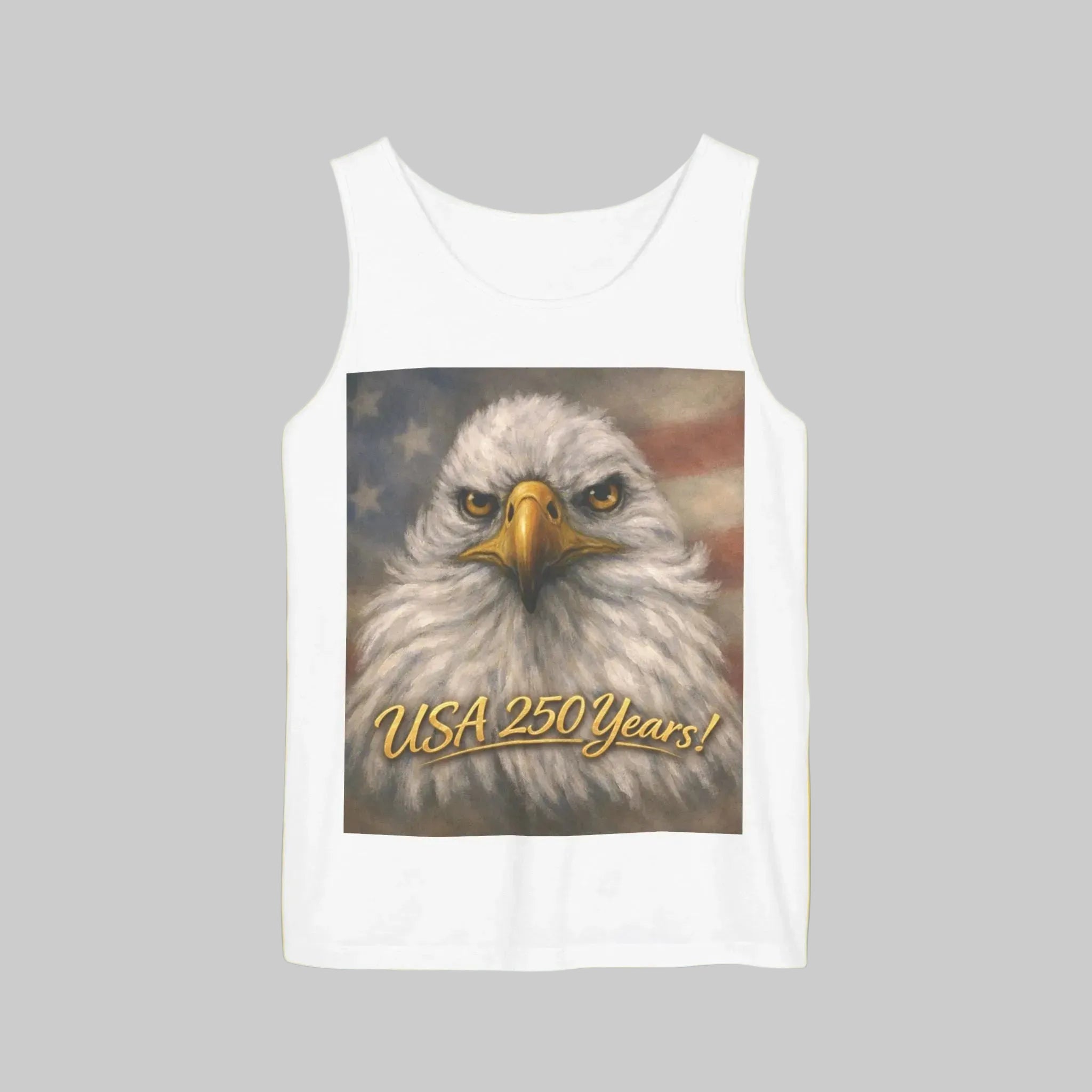 White unisex tank top with an eagle graphic and 'USA 250 Years!'
