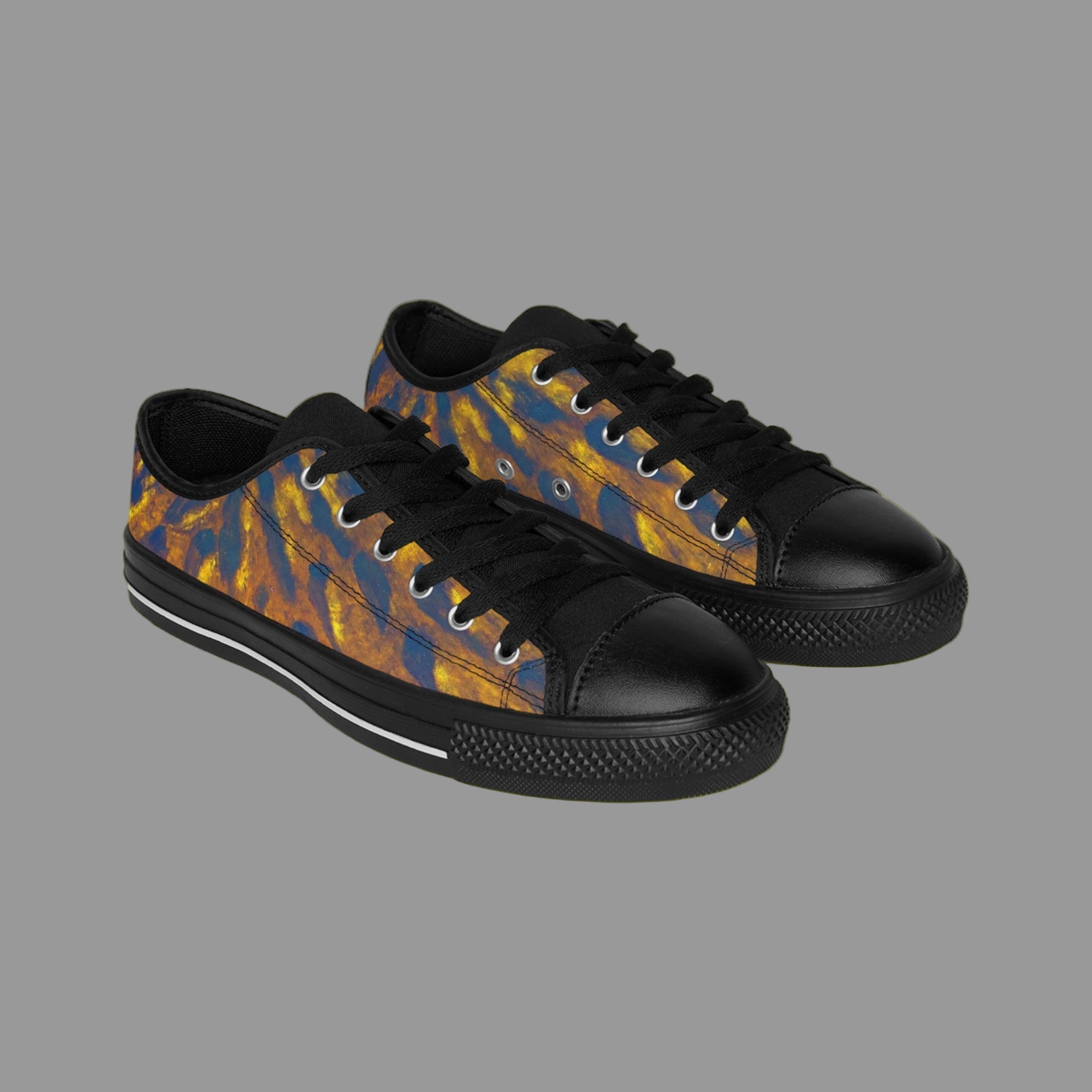 Black sneakers with a colorful pattern on a white background
