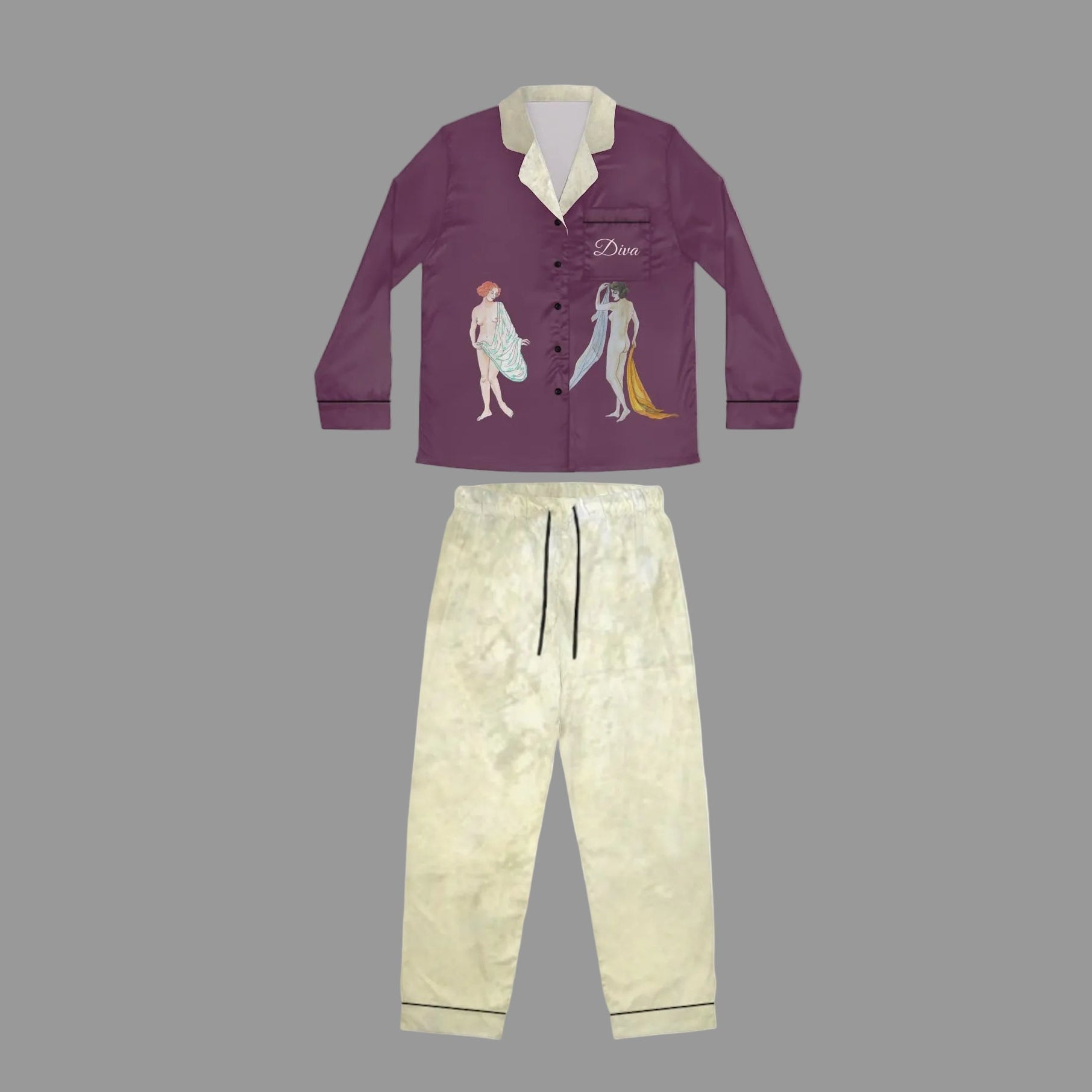 A two-piece luxury feel pajama set featuring a tailored long-sleeve button-up top in deep purple with hand painted Art Deco Divas paired with cream-colored pants with a subtle abstract design and black drawstrings. M/L