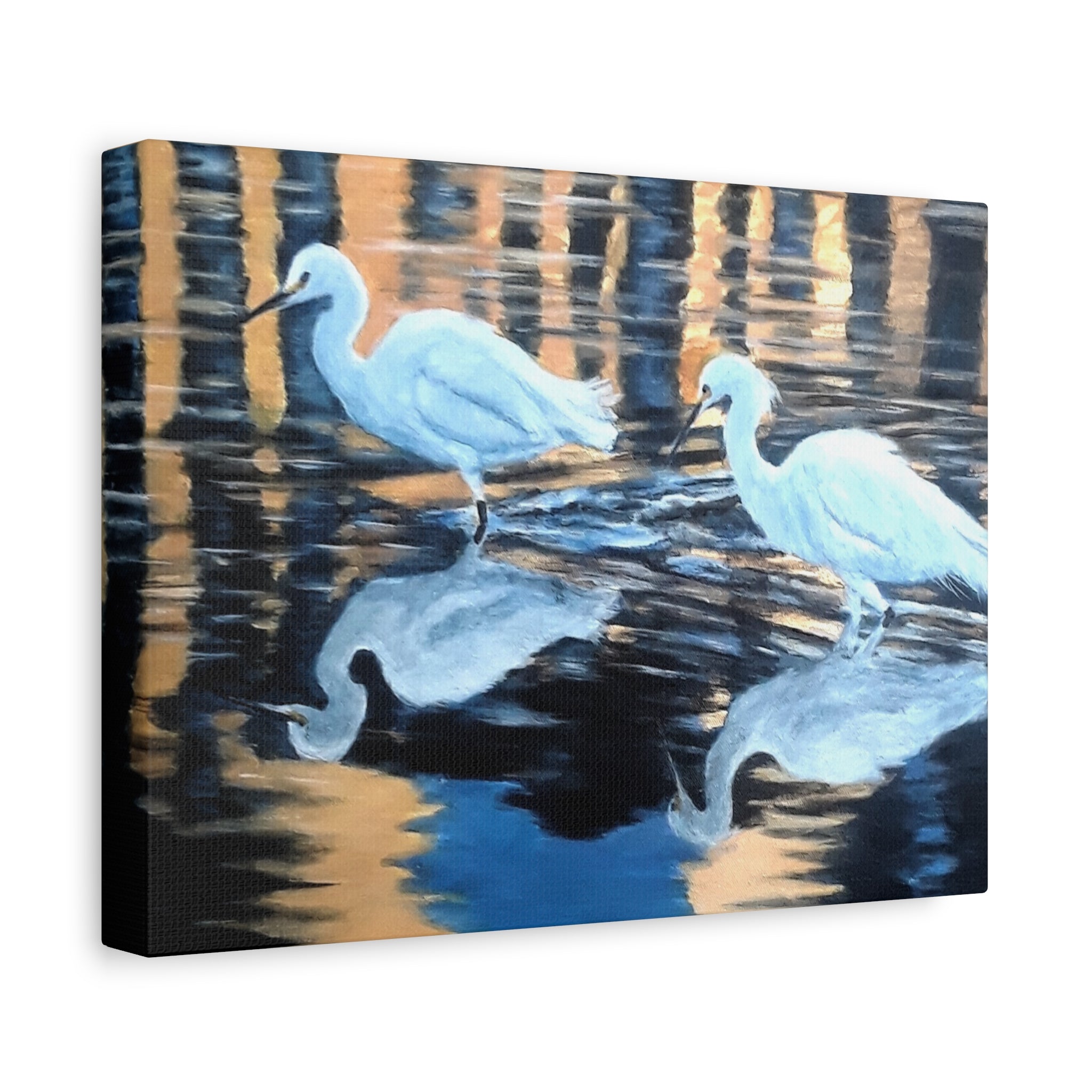 Canvas print 'wrap' of a pair of beautiful egrets and their reflections at sunset