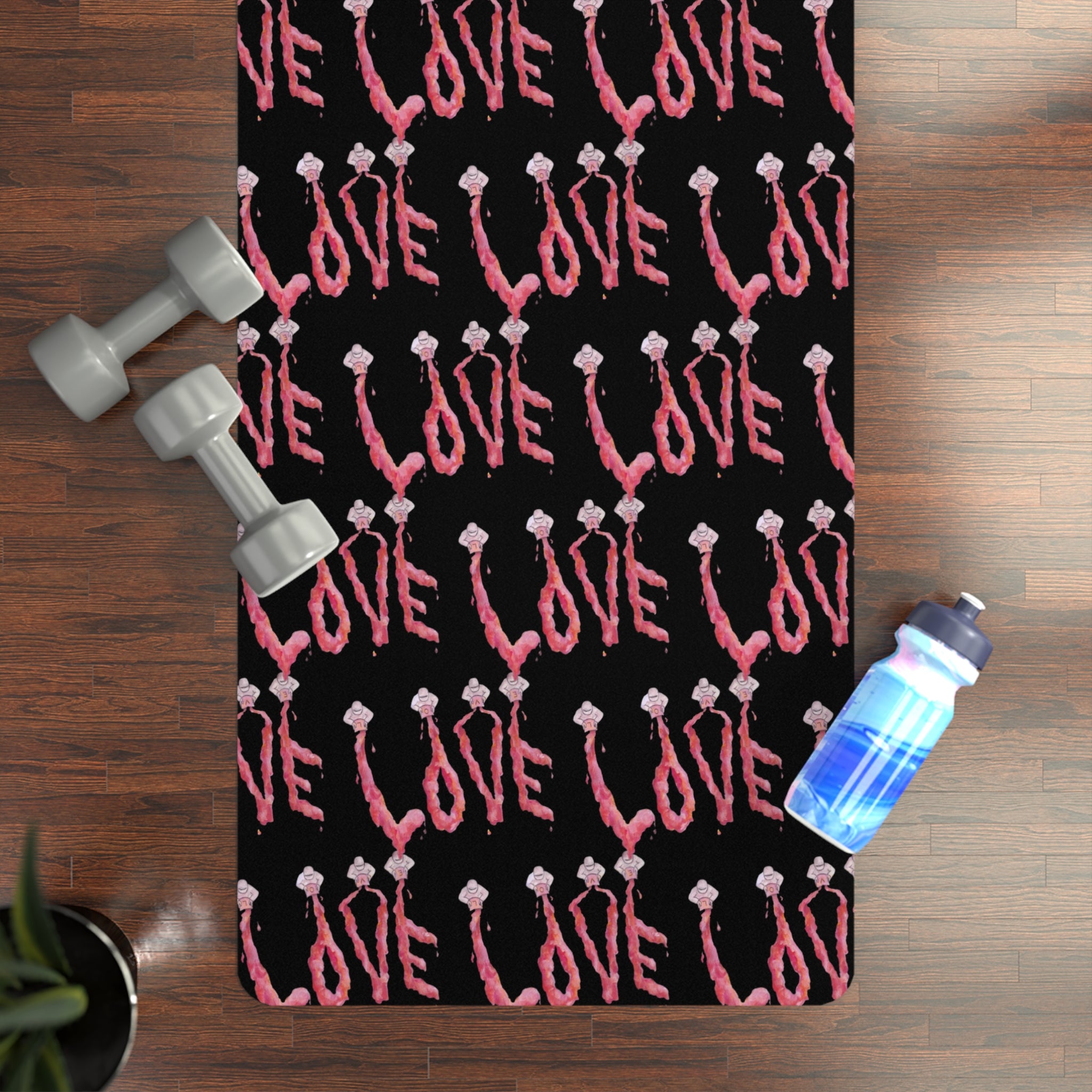 Black yoga mat with Pink 'LOVE' design comes with carrying strap