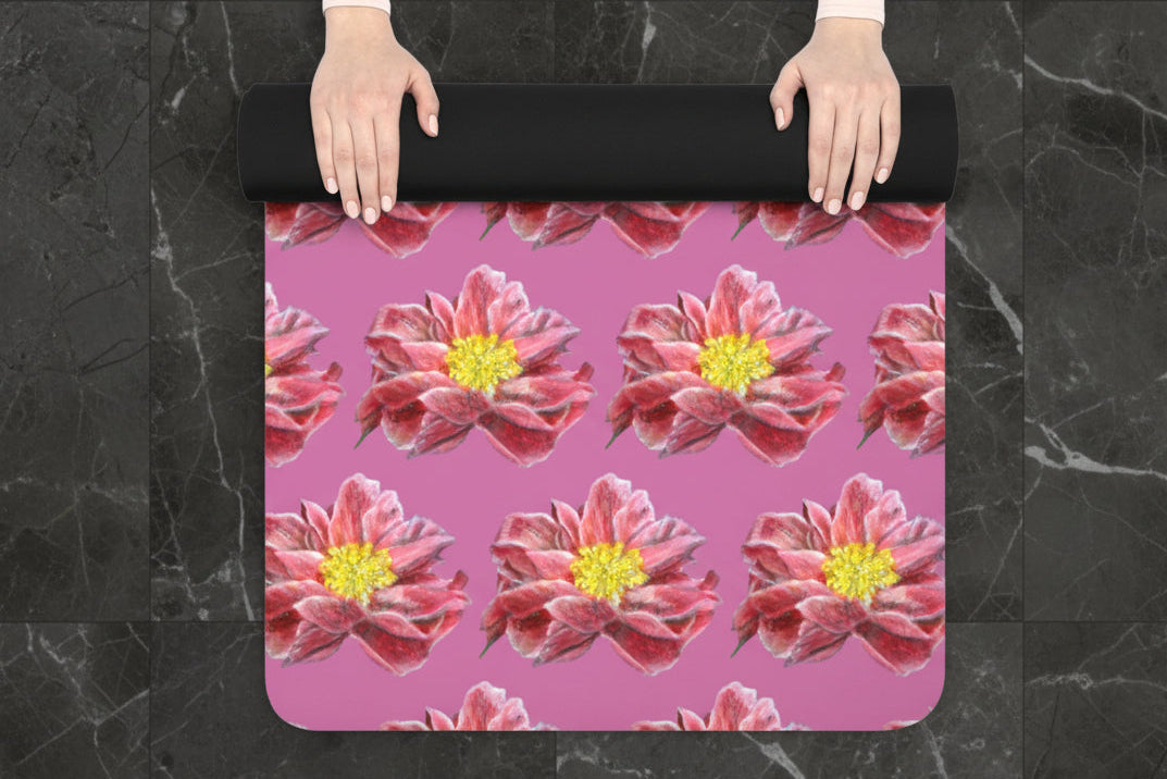 Yoga mat with pink water lily pattern easy rollup - non-slip natural rubber