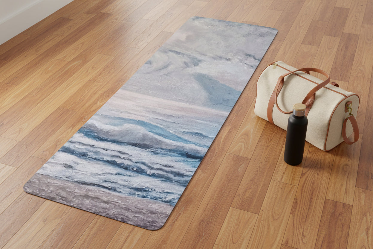 Yoga mat with a serene ocean scene and clouds with non-slip backing