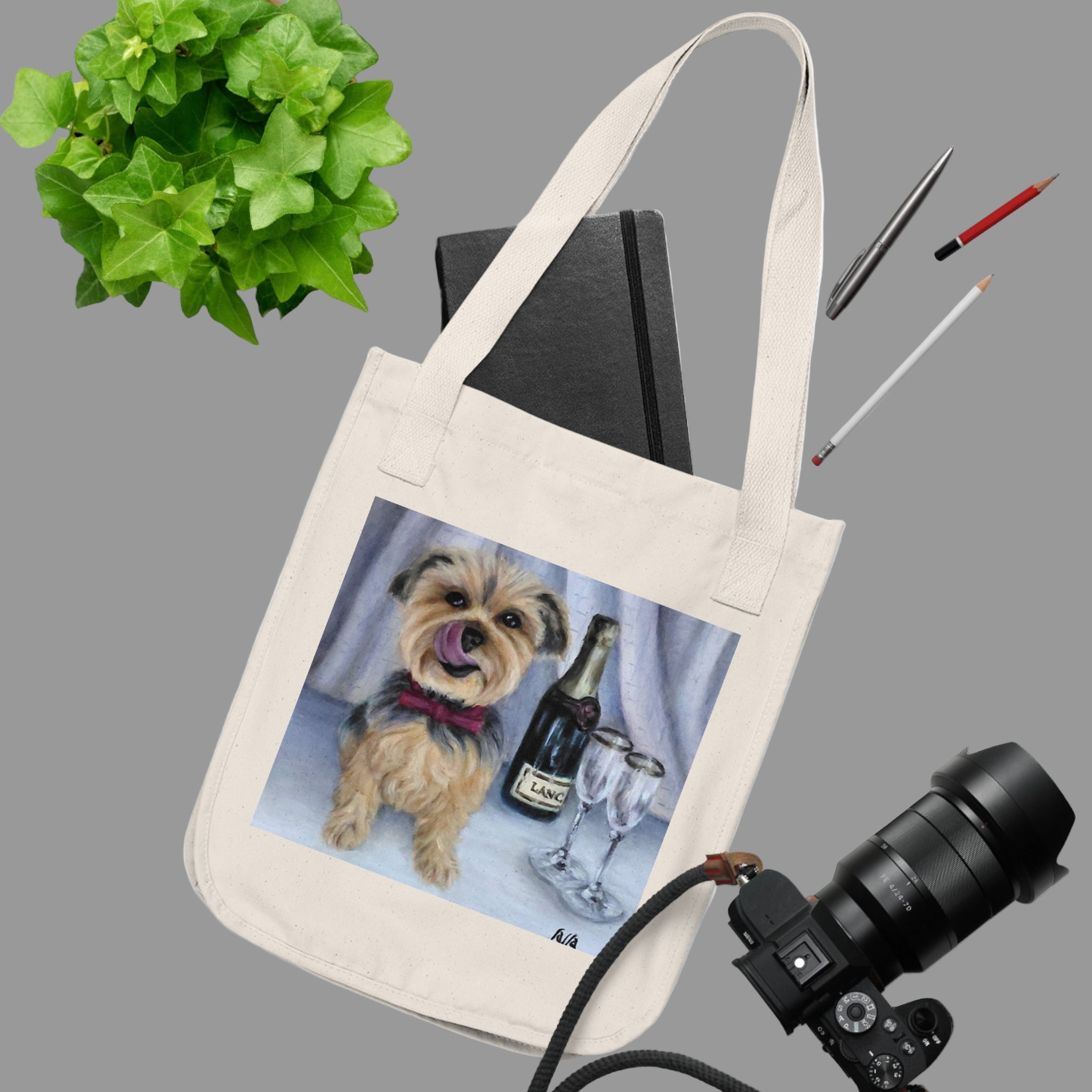 Tote bag with a Yorkshire Terrier dog and champagne painting in three colors