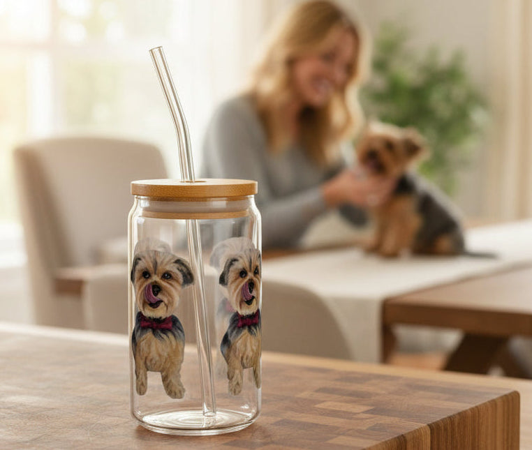 This Clear Glass Sipper with a wooden bamboo lid and straw features thirsty Yorkshire Terriers all around it licking his lips for a sip.