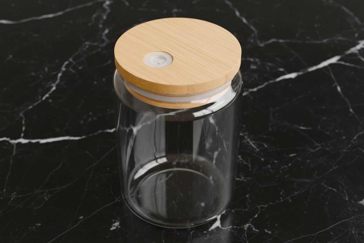 Close up of this special Bamboo Wooden Cover with hole for straw covering Glass Sipper