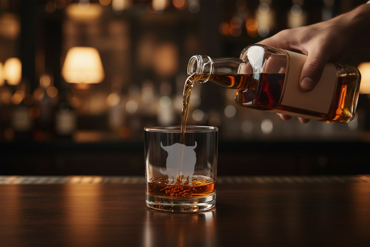 Clear Whisky Glass with an etched charging bull for the Confident Man in your life