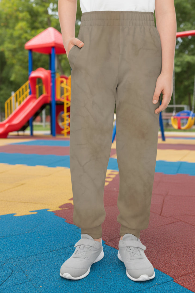 Textured abstract tans design in jogger pants for youths who are active in polyester and spandex blend