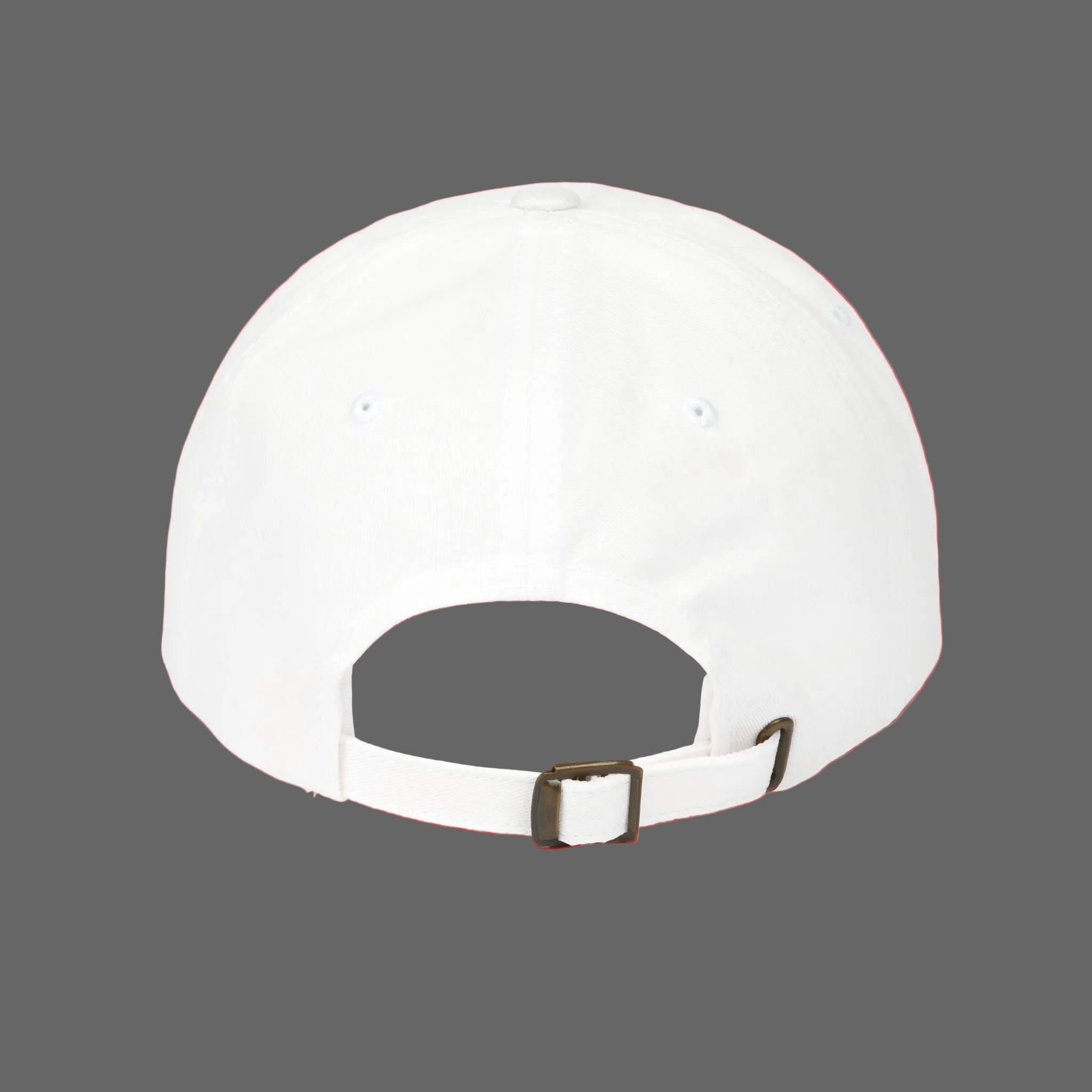 White baseball cap with a brown buckle on a white background