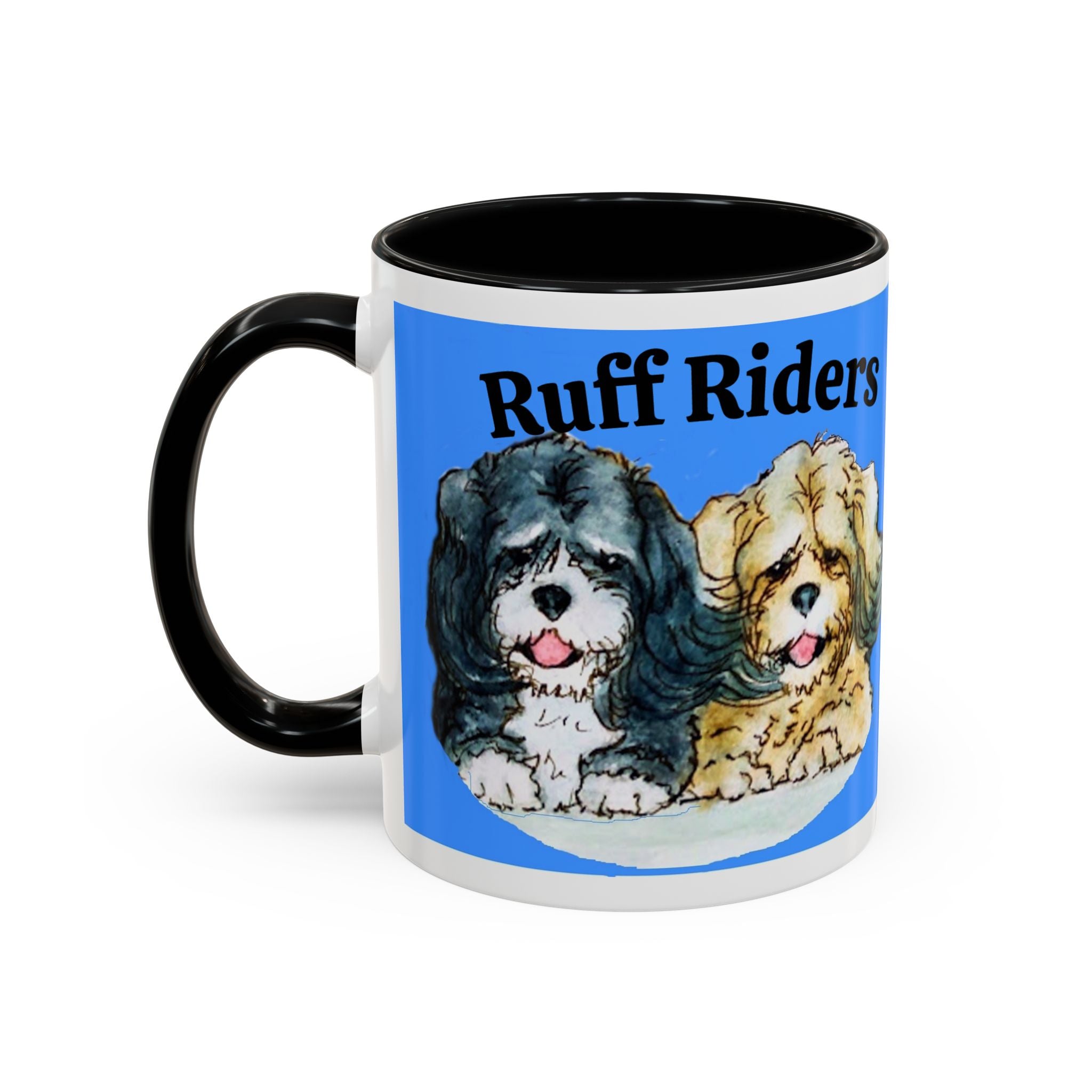 Mug with 'Ruff Riders' text and dog illustrations on a blue background
