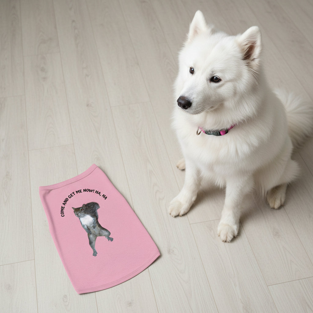 Pink dog tank with a printed squirrel design and teasing text