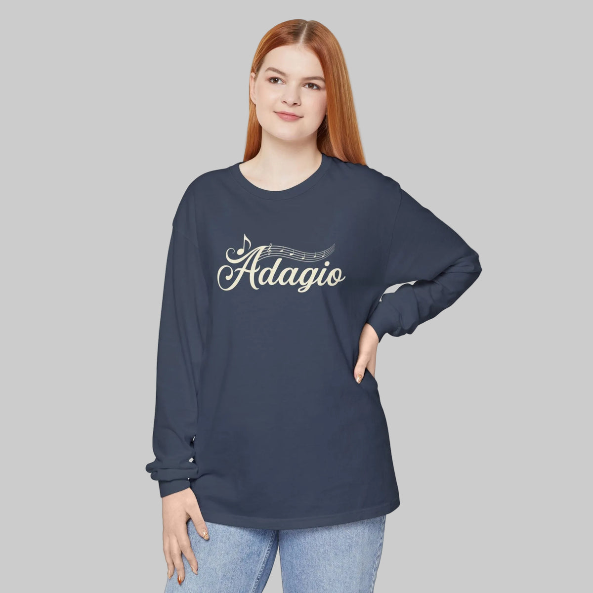 Adagio script text with notes on chest of midnight color long sleeve Tee