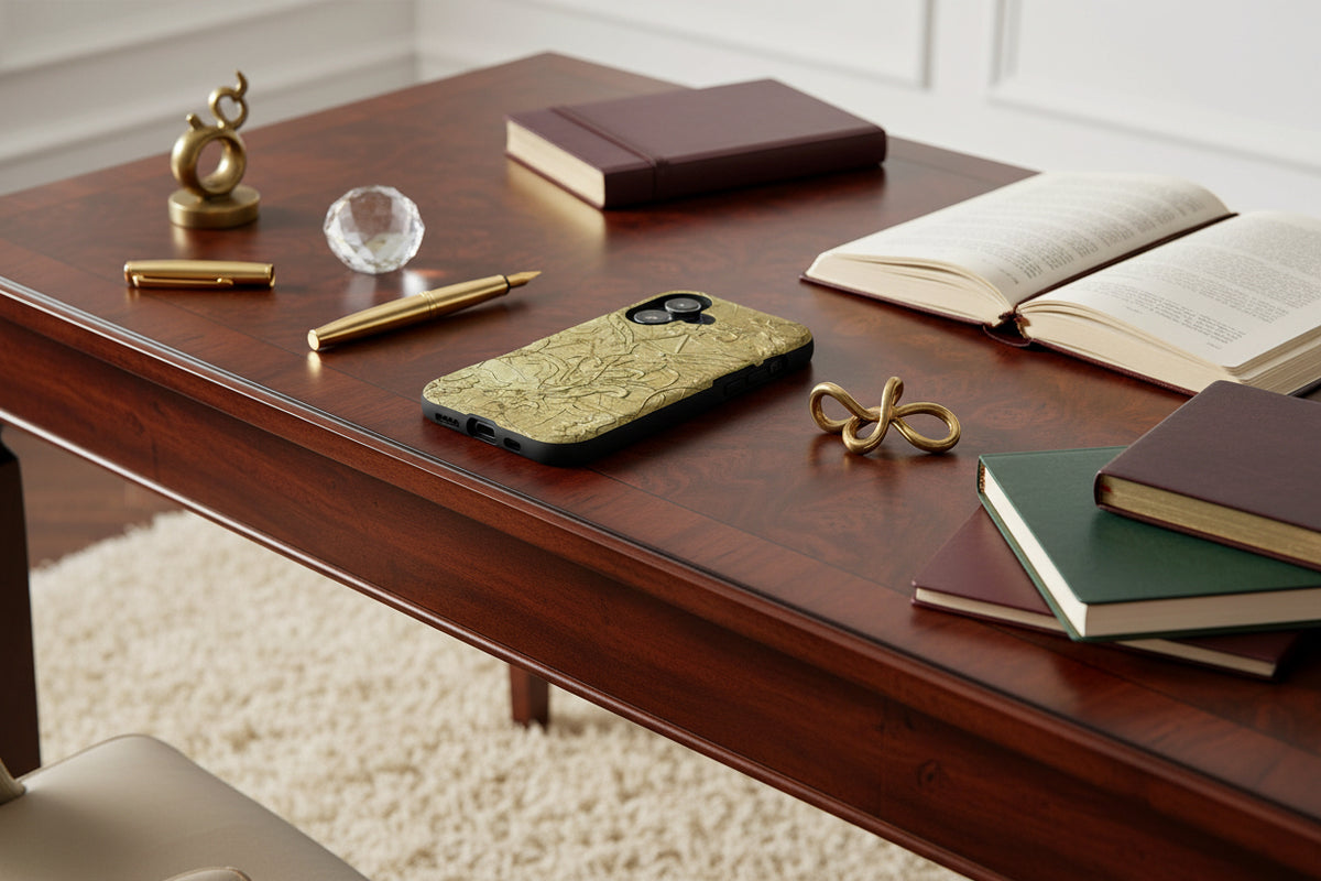 i phone case in textured gold swirls design in 3D wrap