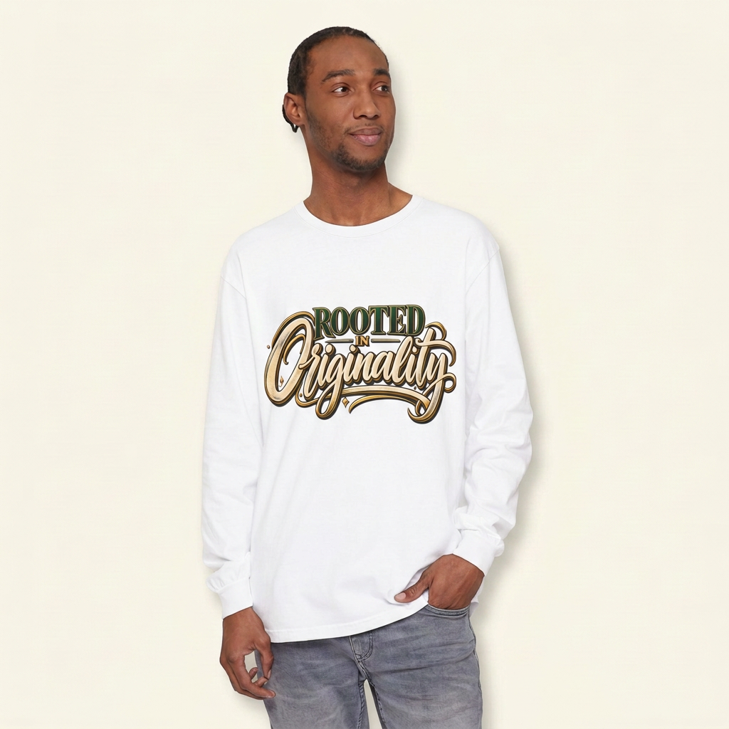 Man wearing a white long-sleeve tee with green, cream and gold-look Rooted in Originality lettering.