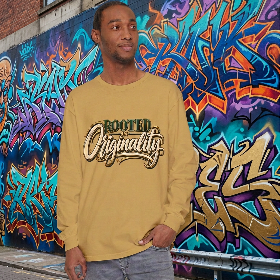 Man wearing a mustard gold long-sleeve tee with green, cream and gold-look Rooted in Originality lettering.