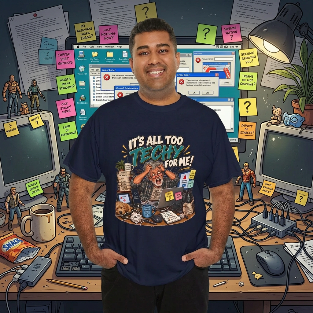 Man modeling a navy It's All Too Techy for Me graphic t-shirt with black pants, hands in pockets.