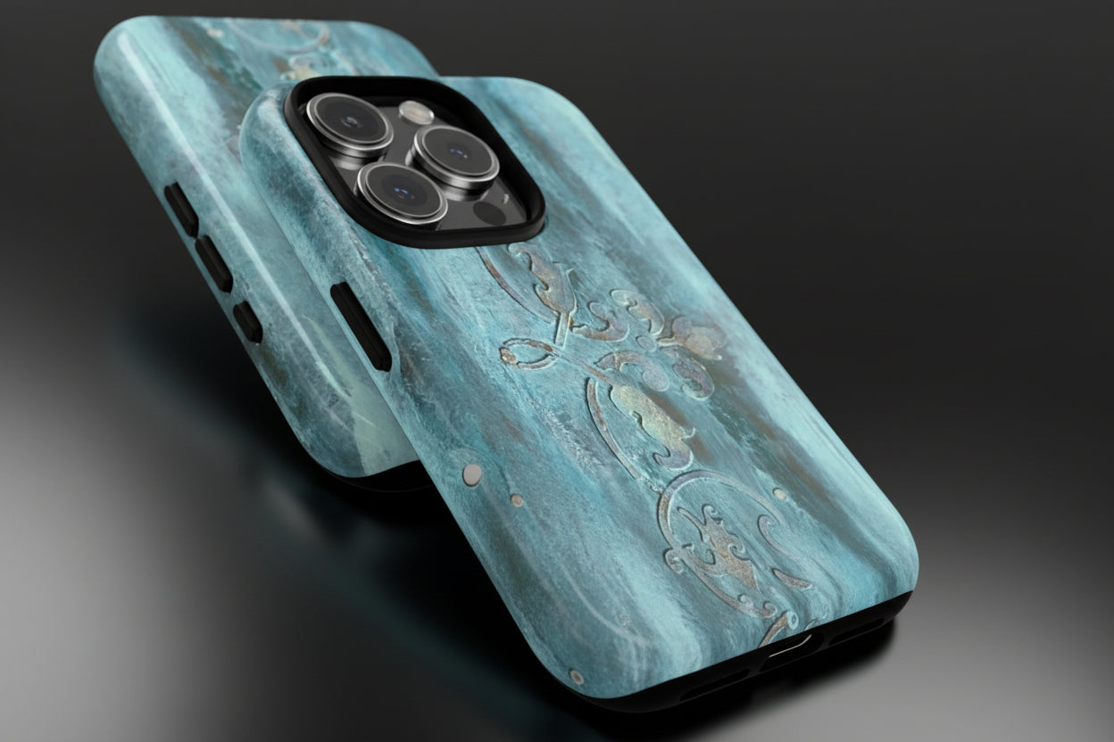 Phone Case in Elegant Teals with Decorative Scroll Design in 3D Wrap and Impact Resistant Toughness