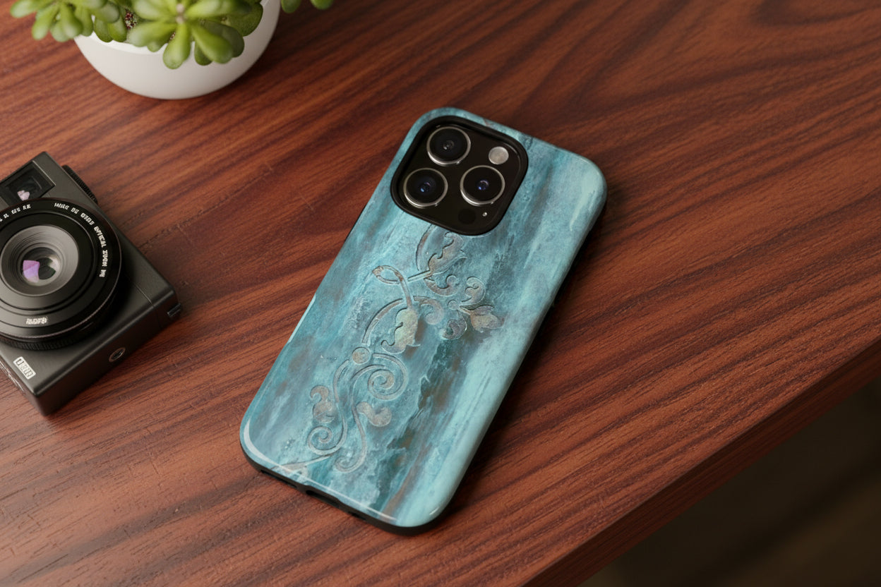 Teal scroll work design phone case available in glossy or matte finish