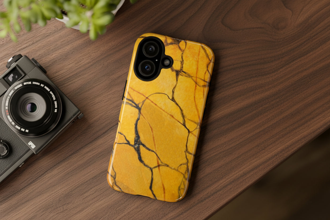 phone case in eye catching gold marble design in glossy or matte finish with silicone lining and hard shell for impact and UV resistance