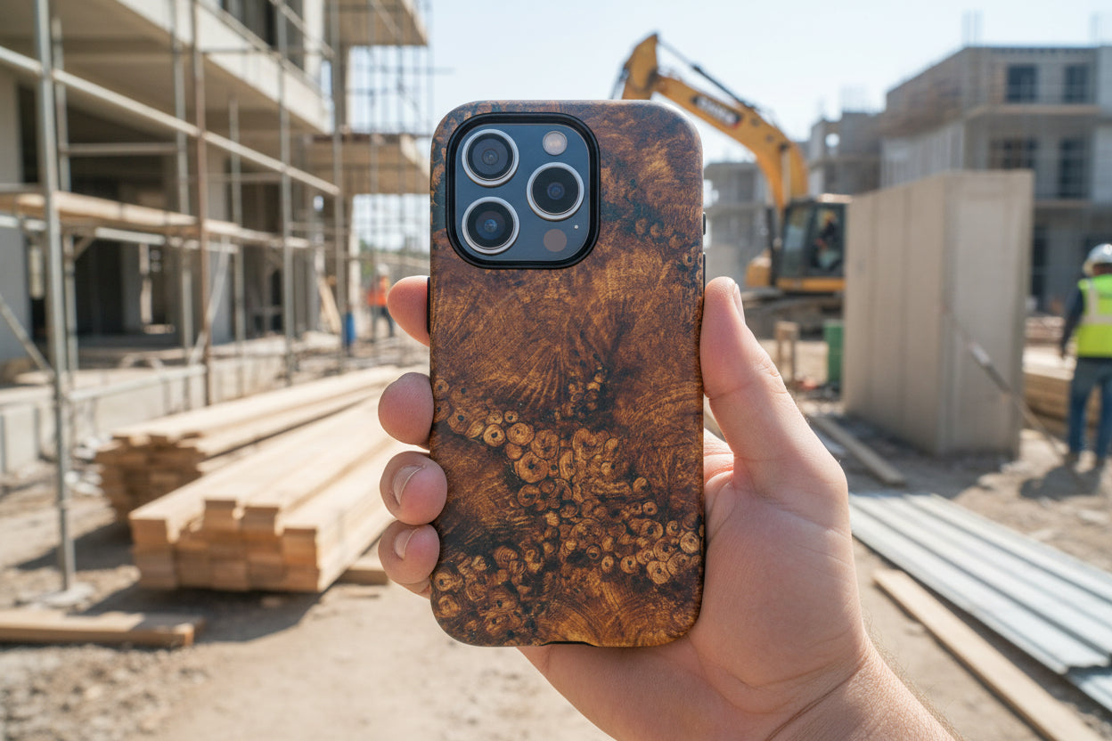 Magnetic iphone case with a natural Burl Wood Design compatible with MagSafe accessories in tough Dual Layer Shell