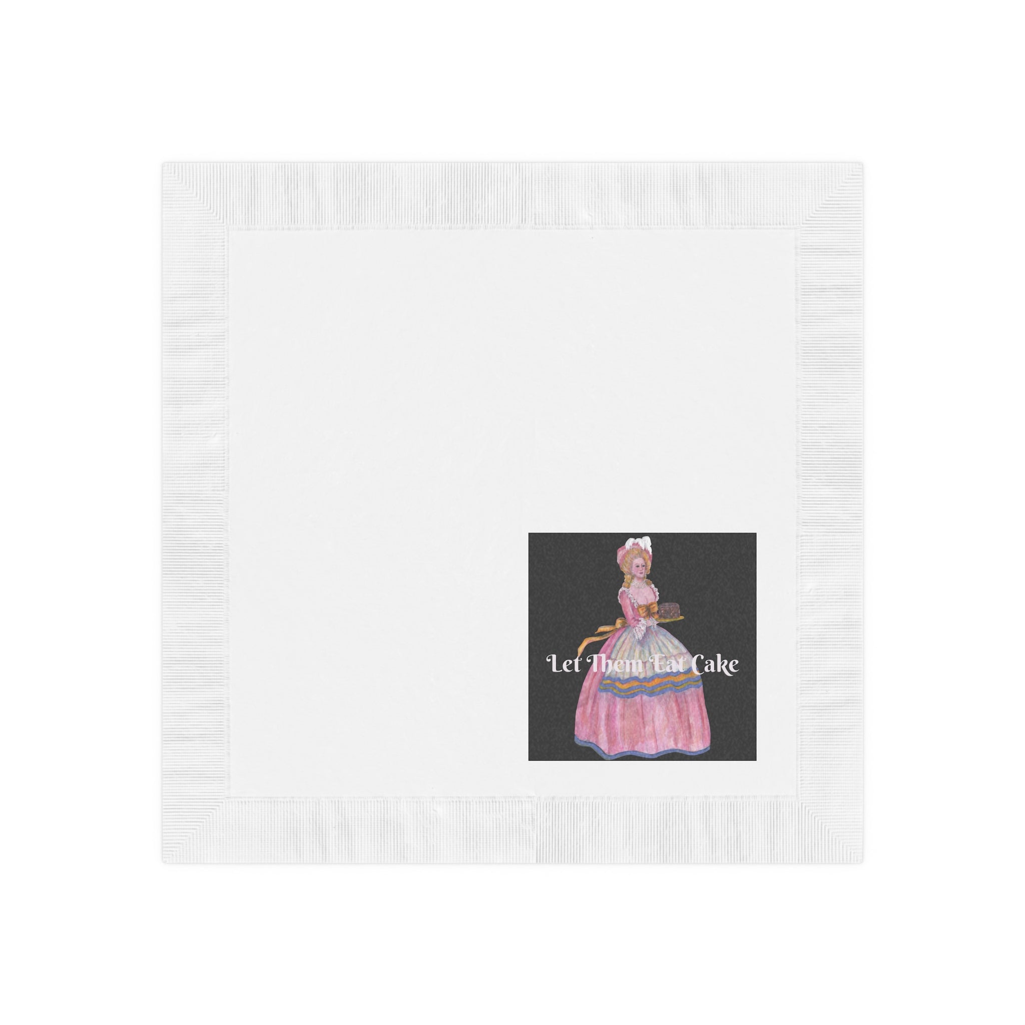 napkin featuring an illustration of a woman in a pink dress and text.
