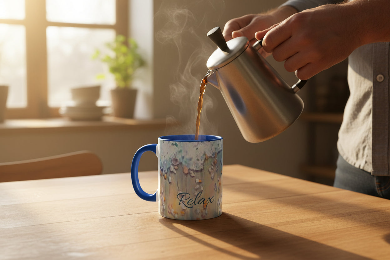 Mug with blue interior and handle, featuring a beach surf design and the word 'Relax'.