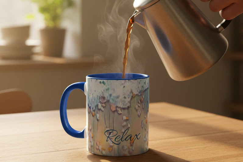 Mug with blue interior and handle, featuring a beach surf design and the word 'Relax'.