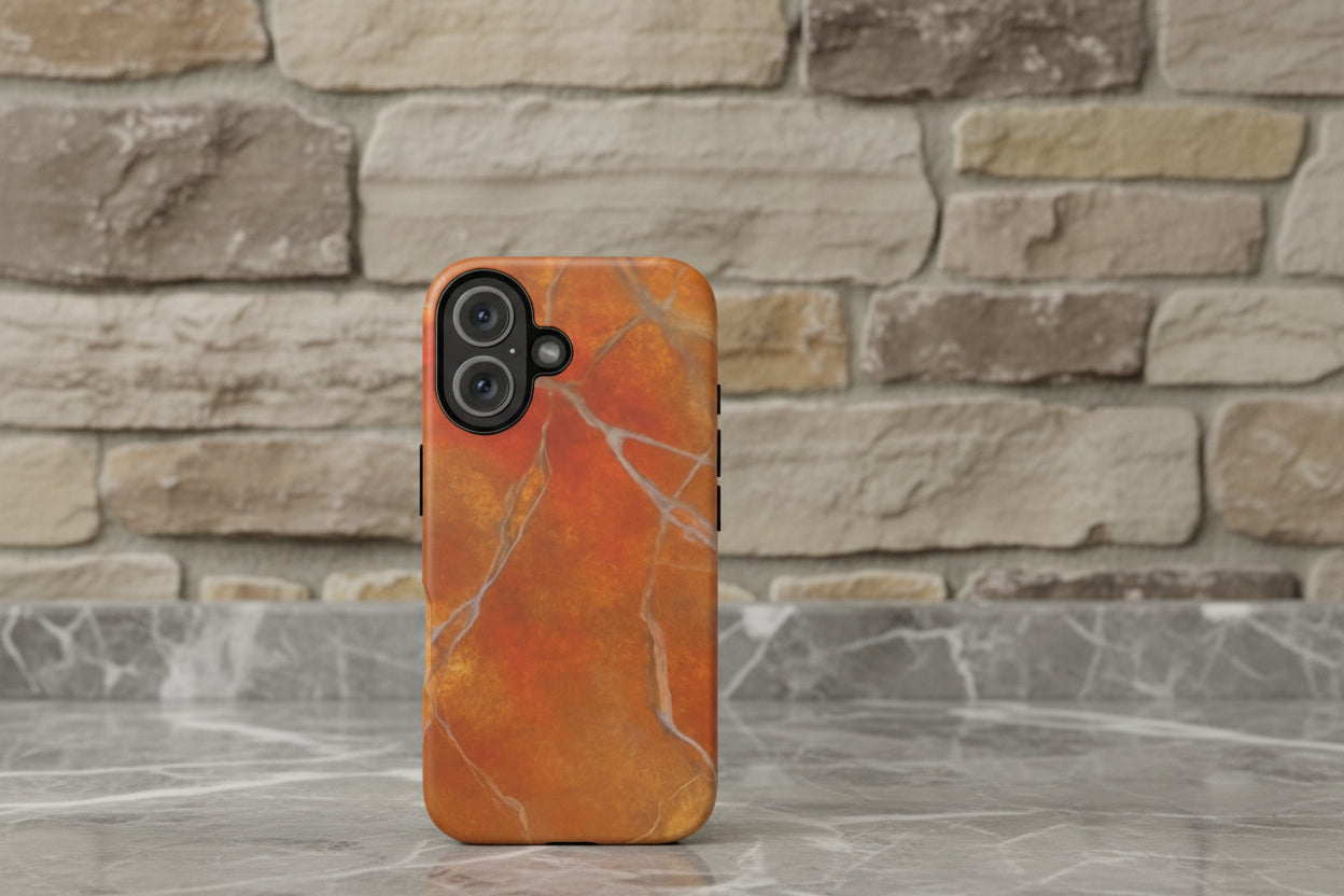 Phone case in sophisticated red orange marble design that is impact resistant tough in glossy or matte finish