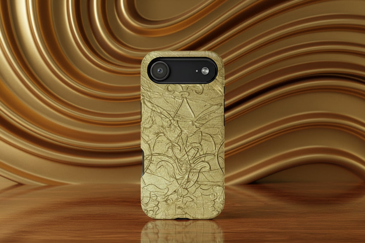 phone case in scrolled gold design for the fashion forward in a tough 2 layer case
