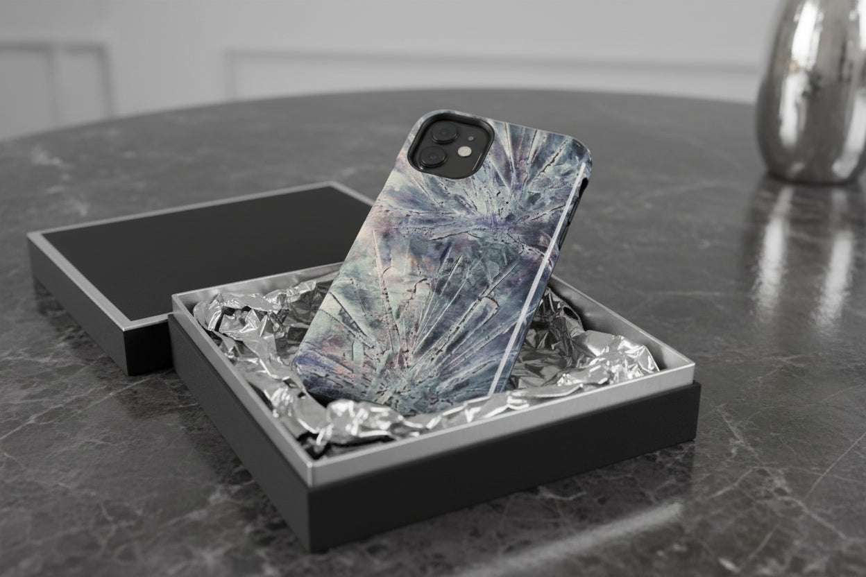 Phone case in abstract bursts of silver crystal design with rubber lining for strong impact and UV protection