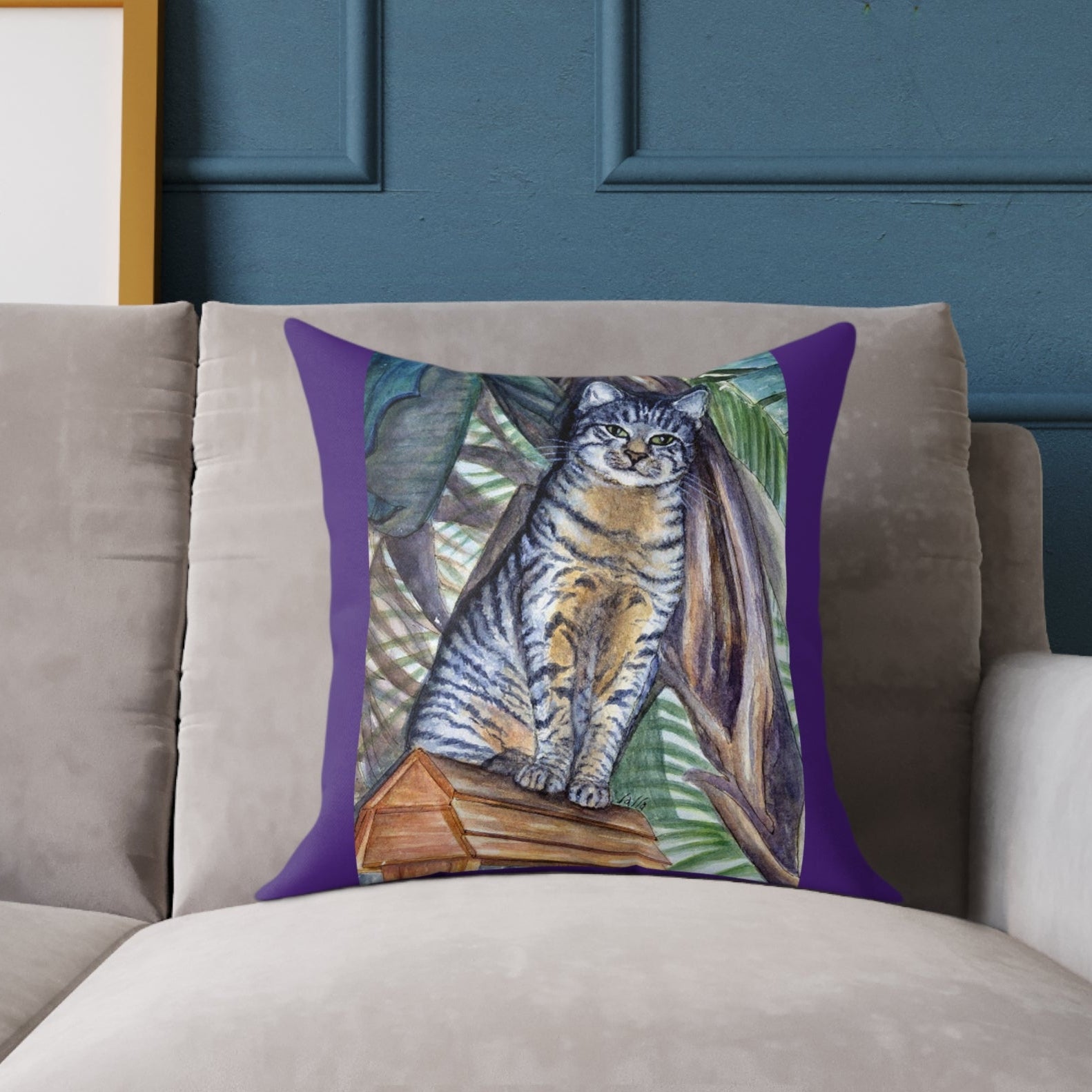 Decorative throw pillow with a cat painting available in 5 sizes