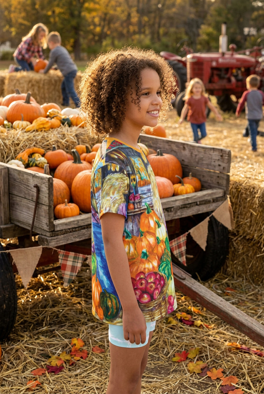 child's sports jersey Tee Side View with Fall AOP colorful illustration