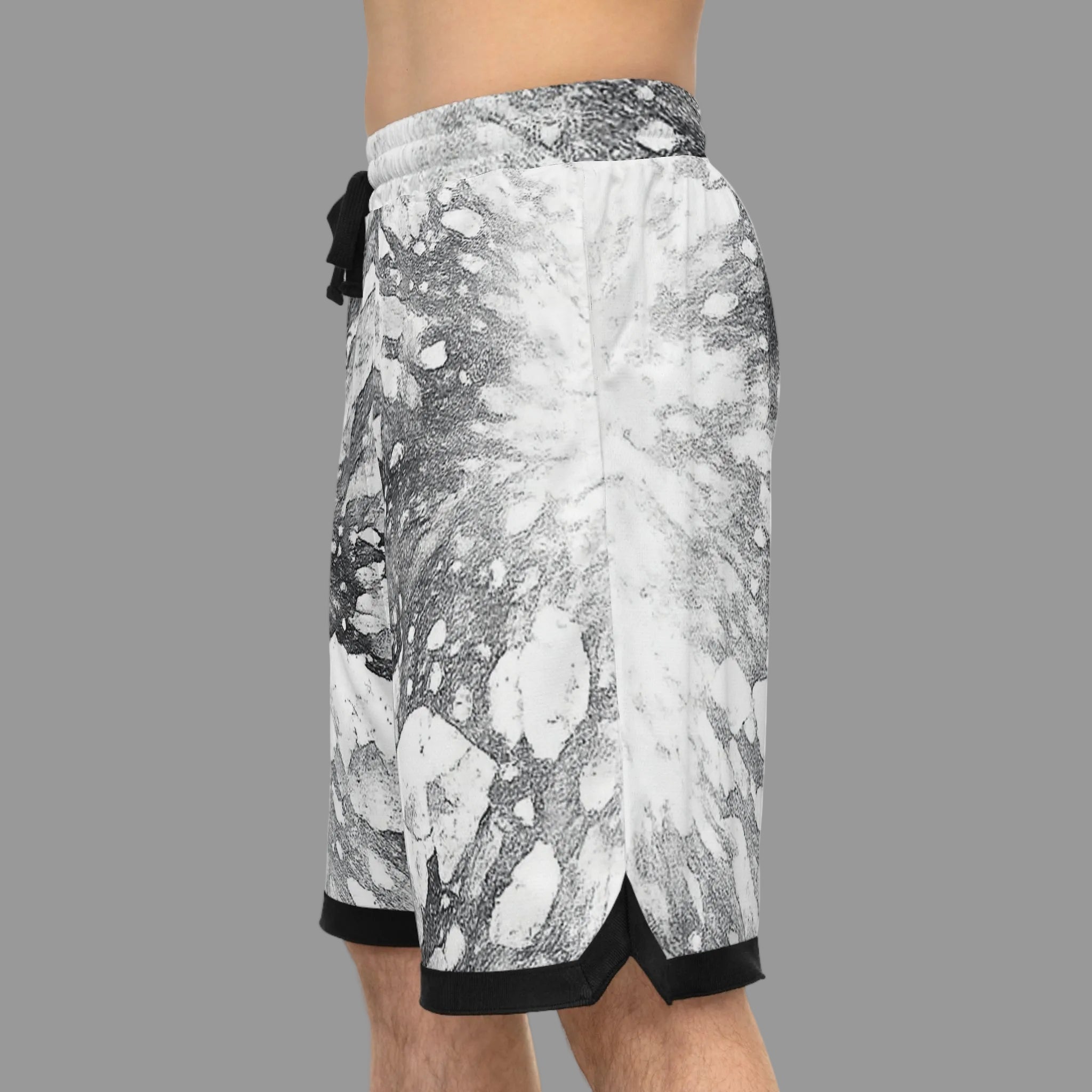 Men's athletic shorts featuring a black and explosion with solid black trim at the hem and a black drawstring at the elastic waistband with two low side pockets