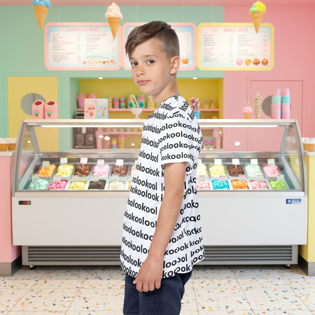Fun youth tee in black and white with repeating pattern all over.