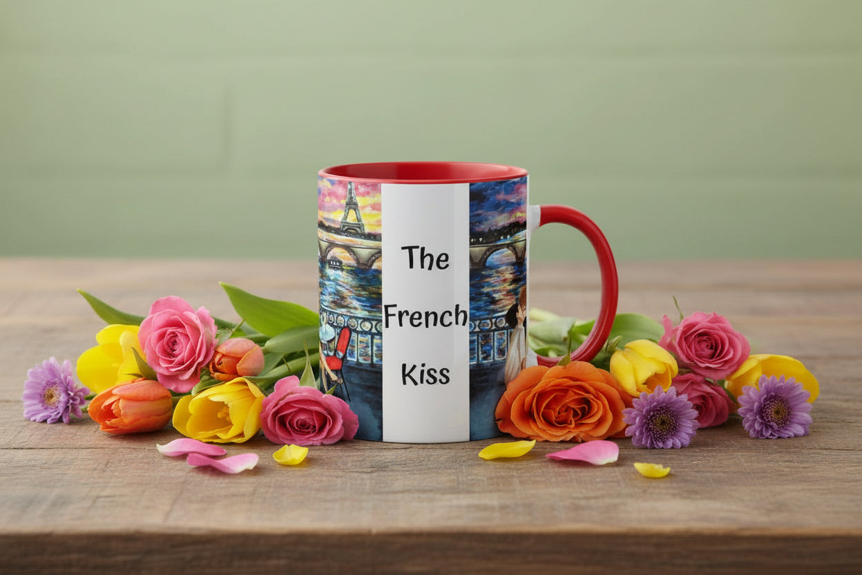Mug with 'The French Kiss' painting featuring a couple and Eiffel Tower.