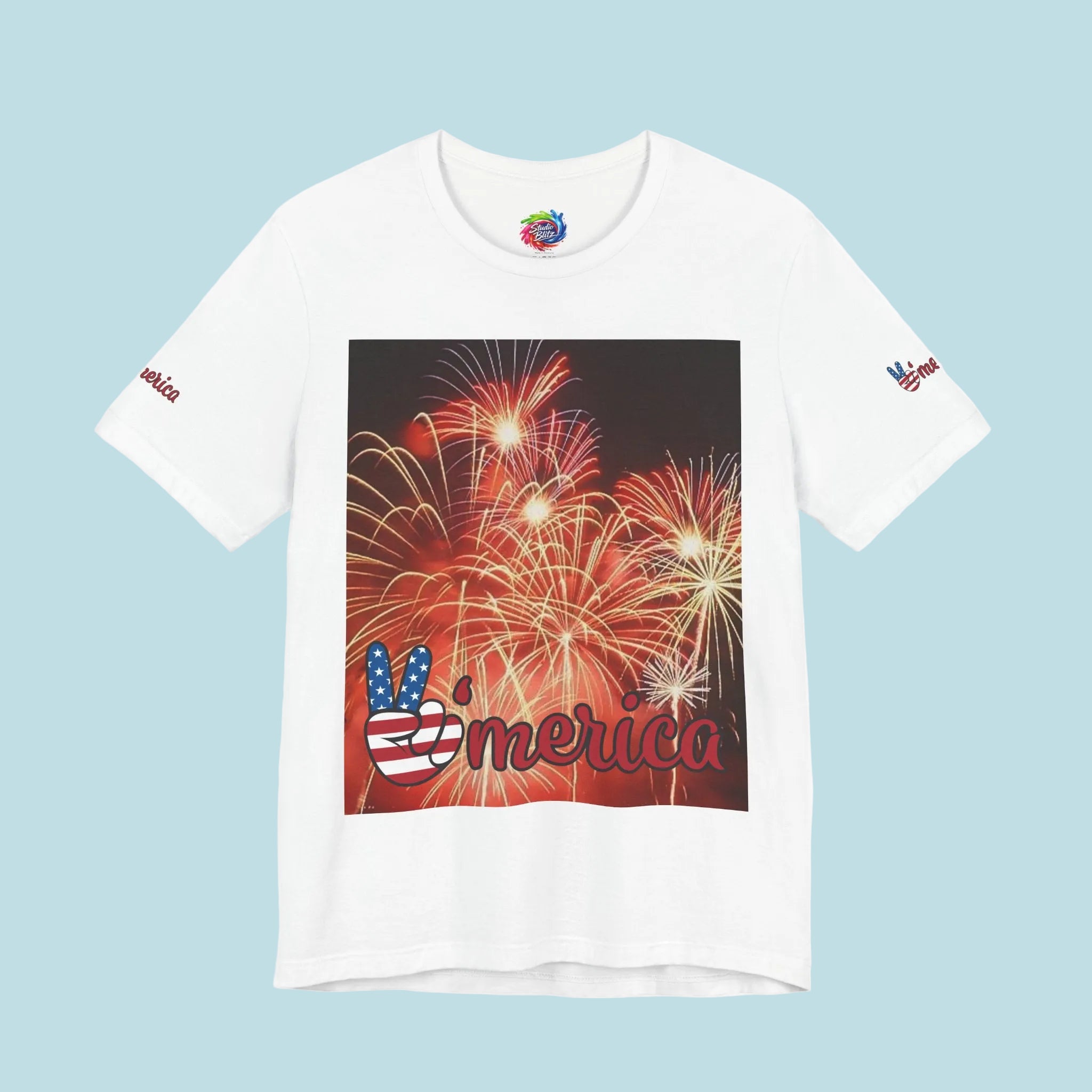 White t-shirt with a graphic of fireworks and 'Merica' text - 5 colors
