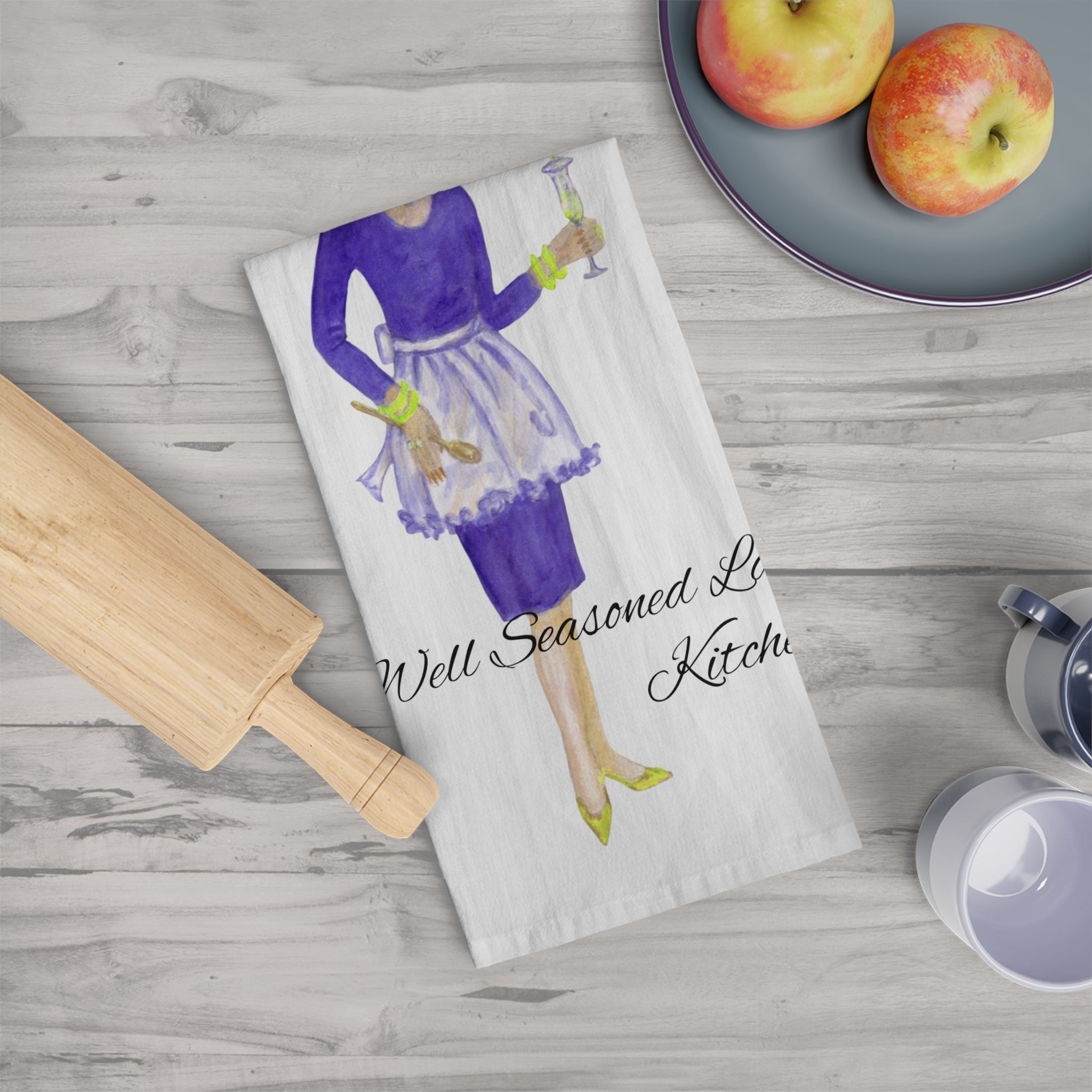 Kitchen tea towel with illustration of A Well-Seasoned Lady in the Kitchen - Excellent Hostess Gift
