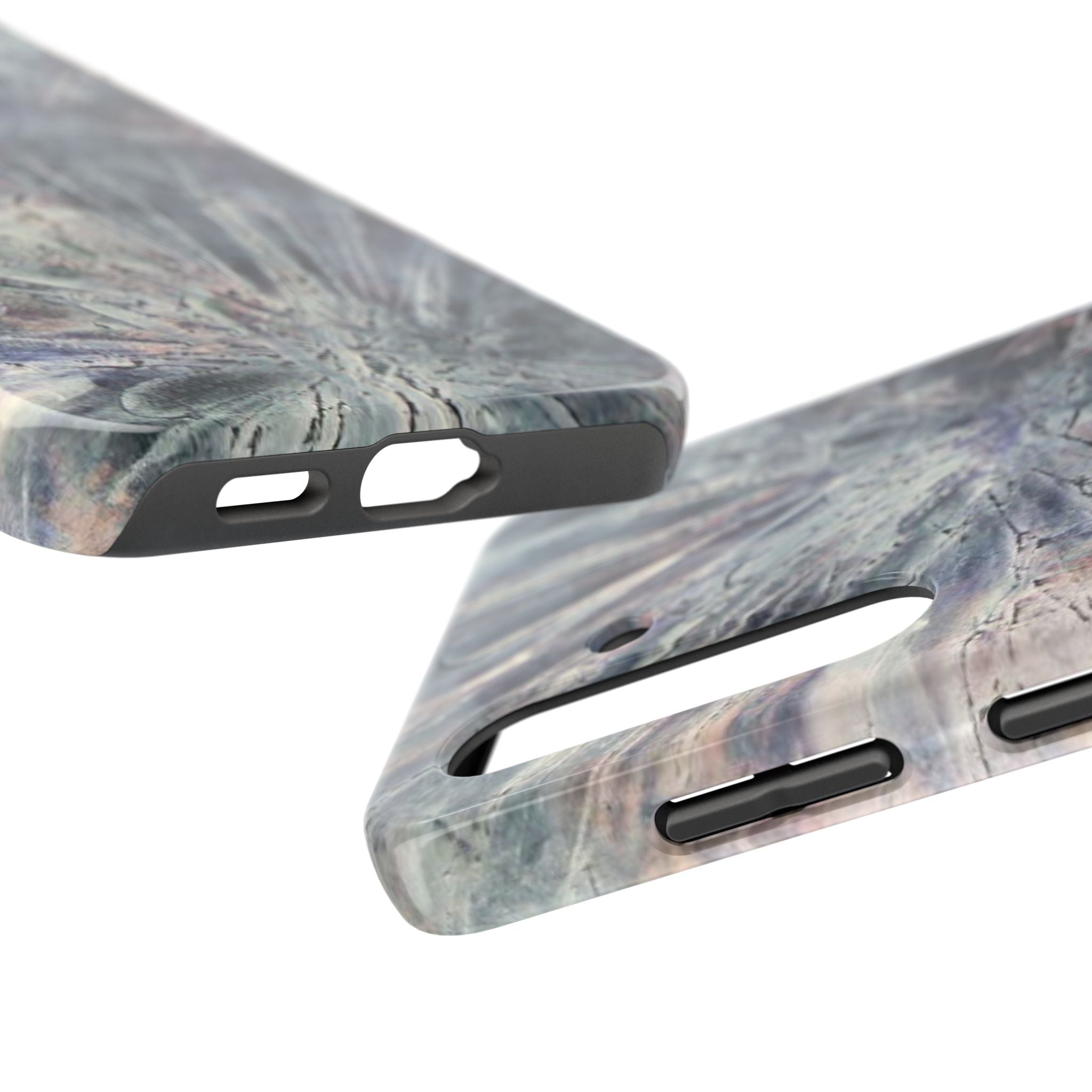 Phone case in abstract bursts of silver crystal design with rubber lining for strong impact and UV protection